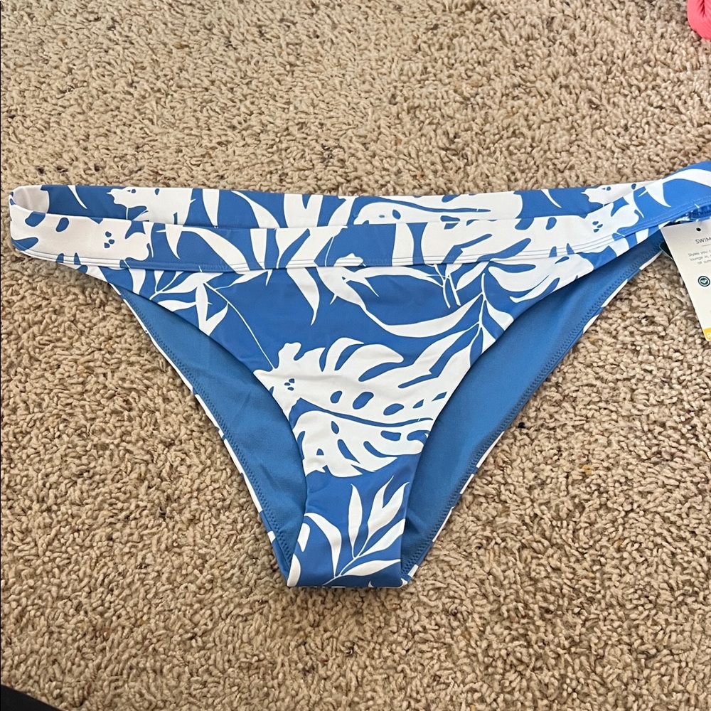 Roxy Blue and White Leaf Print Bikini Bottom
